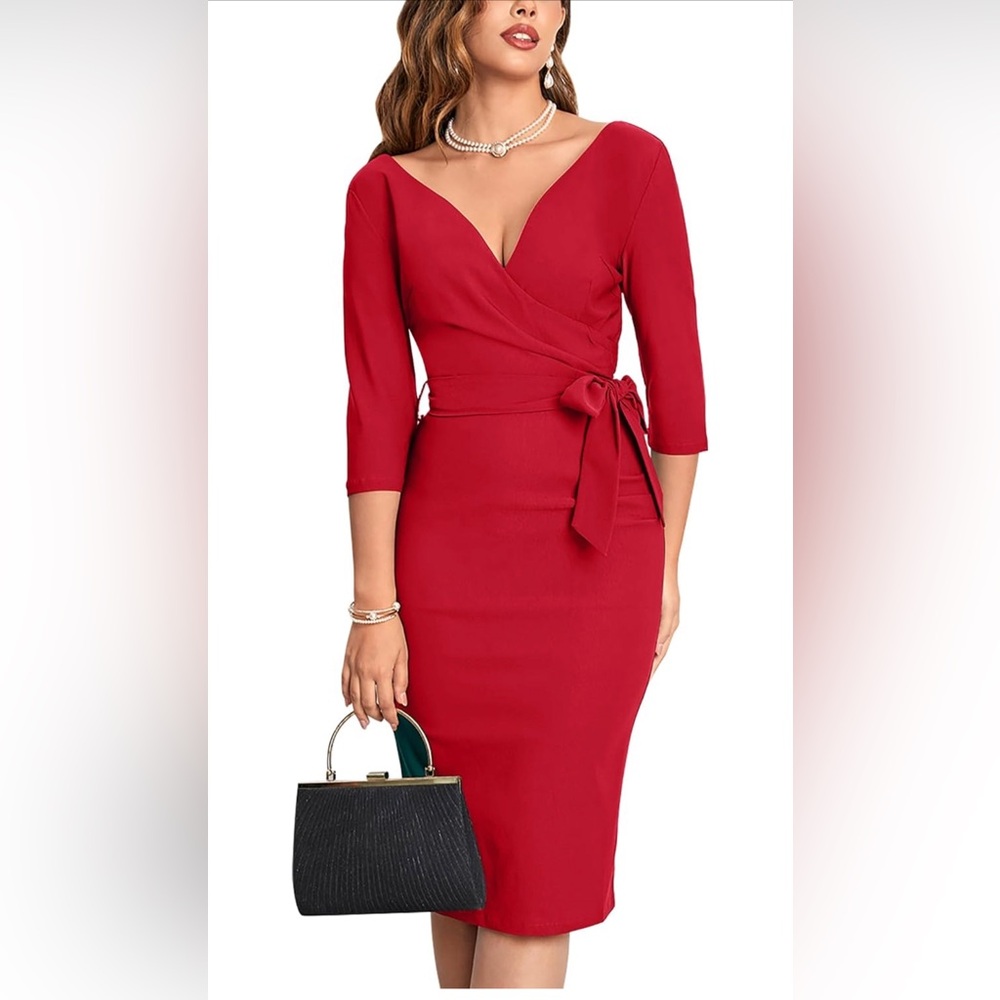 MUXXN Women's Vintage Style Wrap V Neck 3/4 Sleeve Red Dress, Size 2XL